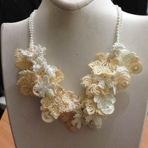 White and Cream Bouquet Necklace - Crochet OYA Lace Necklace