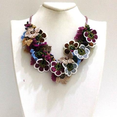 Sour Cherry Pink,Brown,Blue Bouquet Necklace - Crochet OYA Lace Necklace