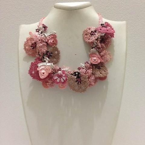 Pink Salmon Taupe Bouquet Necklace - Crochet OYA Lace Necklace