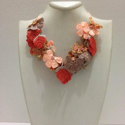Orange Salmon Taupe Bouquet Necklace - Crochet crochet Lace Necklace