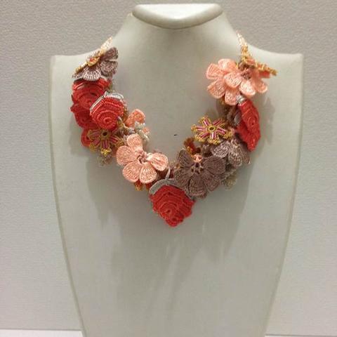 Orange Salmon Taupe Bouquet Necklace - Crochet OYA Lace Necklace