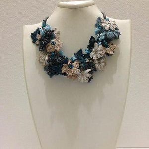 Teal Green and Taupe Bouquet Necklace - Crochet OYA Lace Necklace