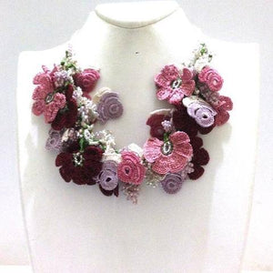 Pink Lilac Burgundy Bouquet Necklace - Crochet crochet Lace Necklace