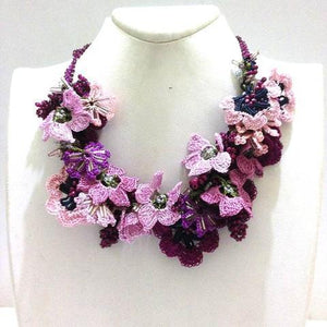 Pink Burgundy Purple Bouquet Necklace - Crochet crochet Lace Necklace