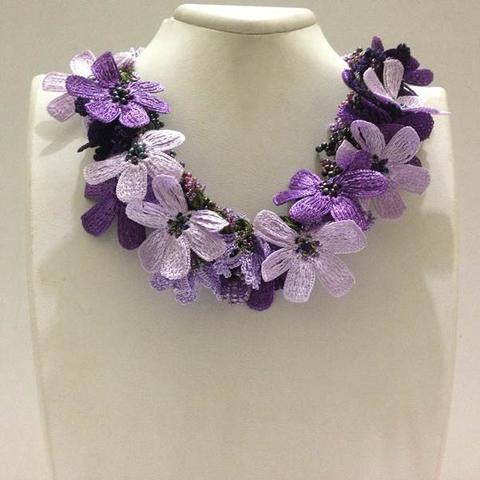 Lavender, Purple and Lilac Bouquet Necklace with purple Beads - Crochet OYA Lace Necklace