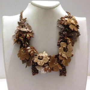Golden Yellow and ,Brown Bouquet Necklace with Copper Grapes - Crochet crochet Lace Necklace