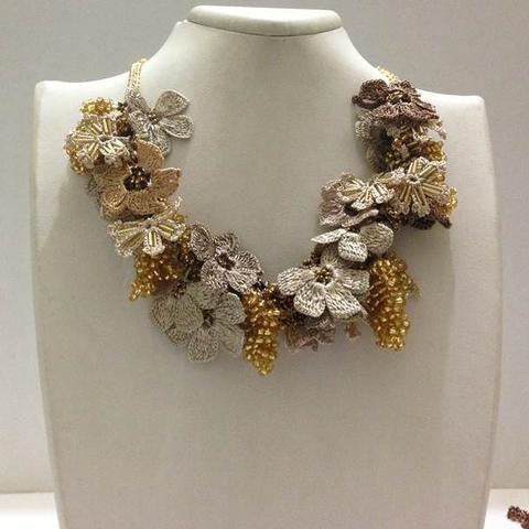 Golden Yellow,Beige and ,Brown Bouquet Necklace with Golden Grapes - Crochet OYA Lace Necklace