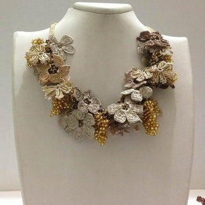 Golden Yellow,Beige and ,Brown Bouquet Necklace with Golden Grapes - Crochet crochet Lace Necklace
