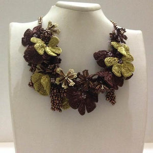 Green and Brown Bouquet Necklace with Copper Grapes - Crochet OYA Lace Necklace