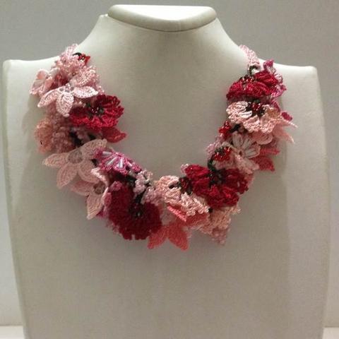 Salmon Pink and Red - Crochet OYA Lace Necklace