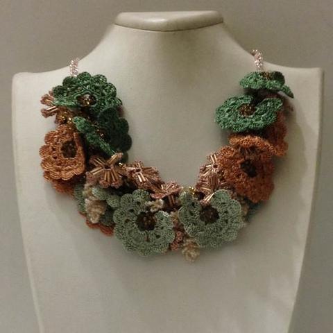 Green and Taupe Bouquet Necklace - Crochet crochet Lace Necklace
