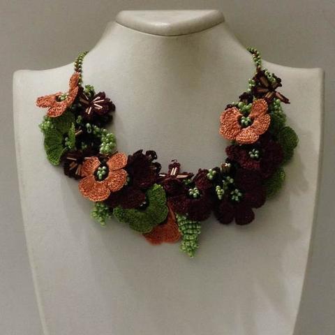 Orange Green Brown Bouquet Necklace - Crochet OYA Lace Necklace