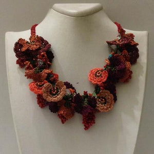 Orange Taupe Burgundy Bouquet Necklace - Crochet OYA Lace Necklace