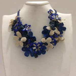 Cobalt Blue and Beige Bouquet Necklace - Parliament BLUE - Crochet crochet Lace Necklace