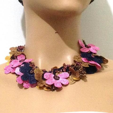 Pink,Navy and Taupe Bouquet Necklace - Crochet OYA Lace Necklace