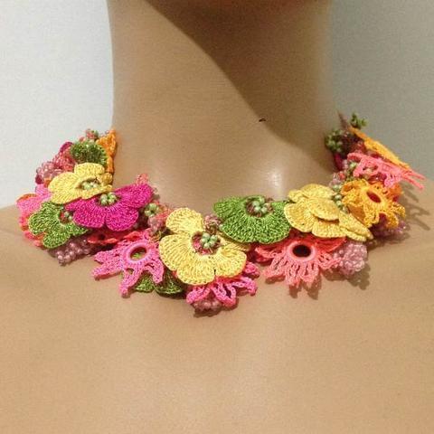 Neon Pink,Green and Yellow Bouquet Necklace - Crochet OYA Lace Necklace