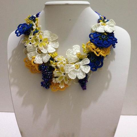 Yellow,White and Indigo Blue Bouquet Necklace - Crochet OYA Lace Necklace