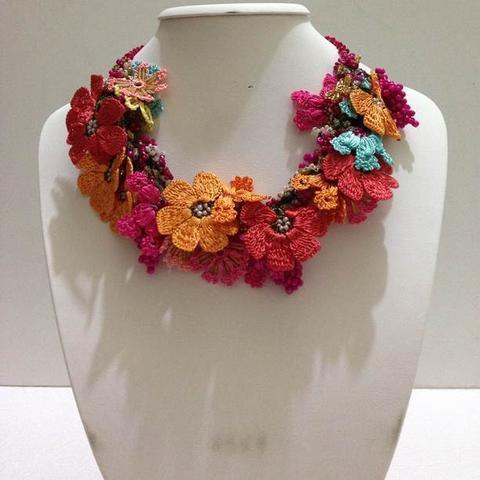 Orange, Turquoise and Pomagranate Pink Bouquet Necklace - Crochet crochet Lace Necklace