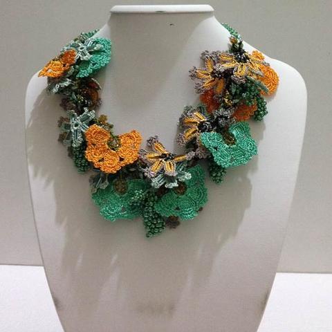 Orange and Green Bouquet Necklace - Crochet OYA Lace Necklace