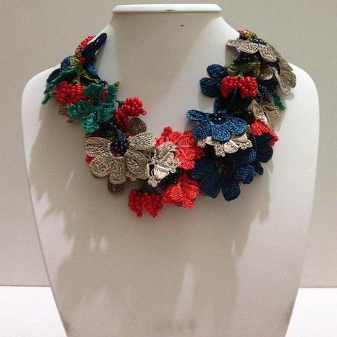 Pomagranate Orange,Teal and Blue Bouquet Necklace - Crochet crochet Lace Necklace