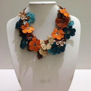 Orange and Blue Bouquet Necklace - Crochet crochet Lace Necklace