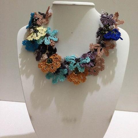 Earth Colors and Indigo Blue Bouquet Necklace - Crochet OYA Lace Necklace
