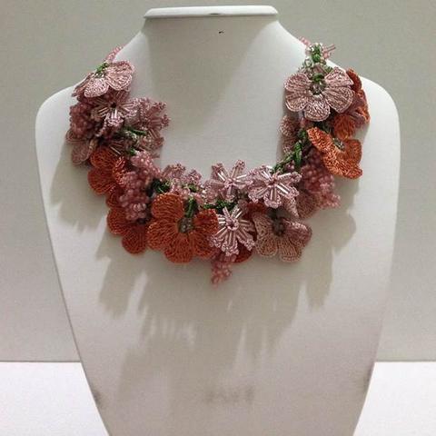 Old Rose Pink and Cinnamon Orange Bouquet Necklace - Crochet OYA Lace Necklace