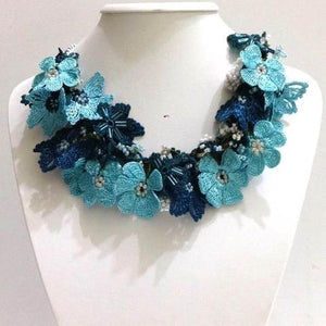 BLUE and TEAL Bouquet Necklace - Crochet OYA Lace Necklace