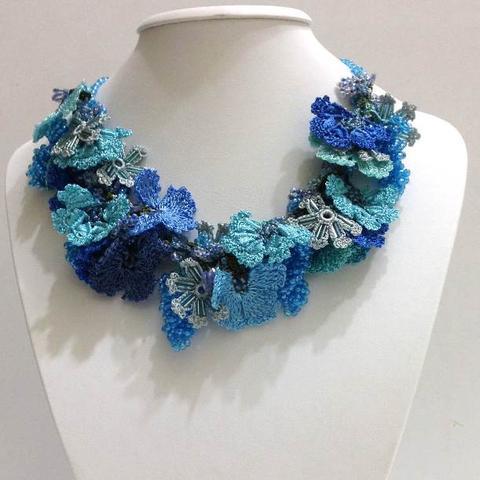 BLUE and Turquoise Bouquet Necklace - Crochet crochet Lace Necklace