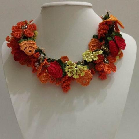 Orange, Red and Yellow - Crochet OYA Lace Necklace