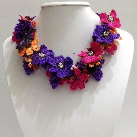 Orange, Hot Pink and Purple - Crochet crochet Lace Necklace