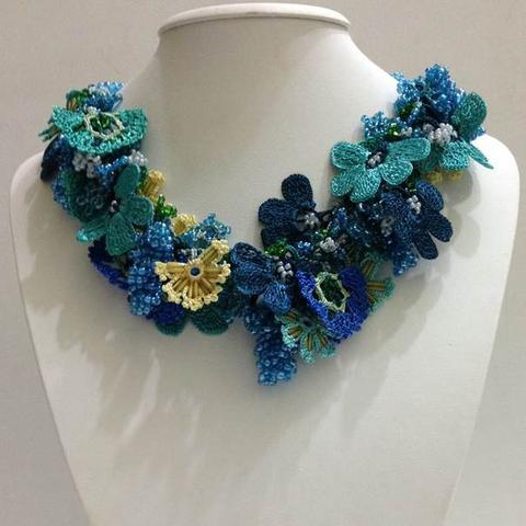 Green,Blue and Yellow - Crochet OYA Lace Necklace