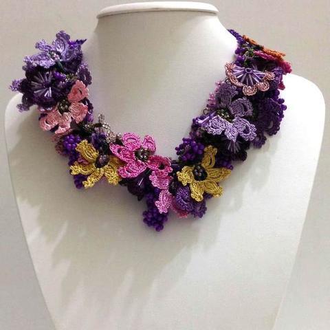Pink,Yellow and Purple - Crochet OYA Lace Necklace