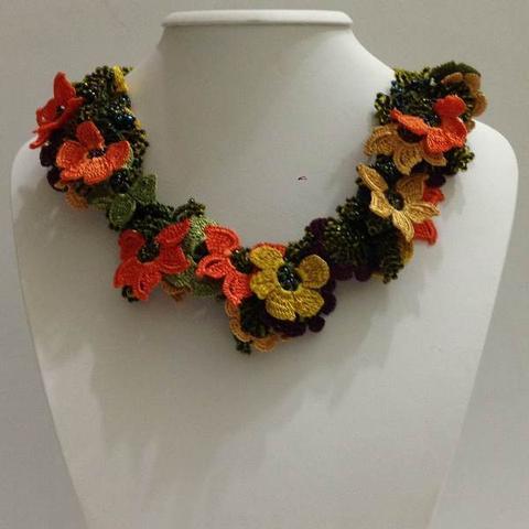 Orange,Green and Yellow Crochet crochet Lace Necklace