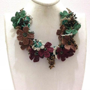 Olive Green,Burgundy and Brown Bouquet Necklace with Copper Grapes - Crochet OYA Lace Necklace