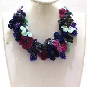 Aqua Green,Burgundy and Blue Bouquet Necklace with Blue Grapes - Crochet OYA Lace Necklace