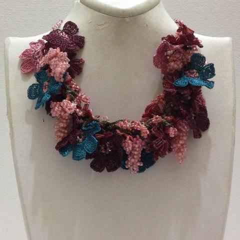 Pink,Brown and Blue Bouquet Necklace with Pink Grapes - Crochet crochet Lace Necklace