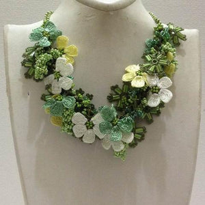Green,Yellow and White Bouquet Necklace with Green Grapes - Crochet OYA Lace Necklace