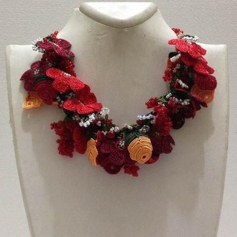 Red and Orange Bouquet Necklace with Red Grapes - Crochet crochet Lace Necklace
