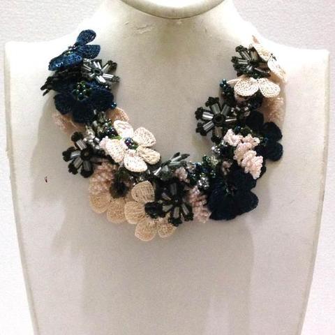 Beige White and Blue Bouquet Necklace - Crochet crochet Lace Necklace