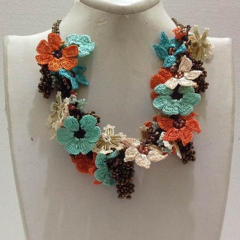 Orange, Blue and White Bouquet Necklace with Copper Grapes - Crochet crochet Lace Necklace