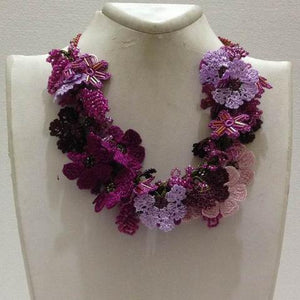 Lilac and Pink Bouquet Necklace with Pink Grapes - Crochet crochet Lace Necklace