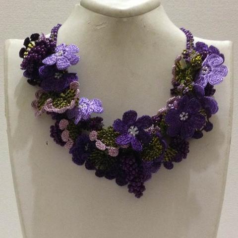 Lavender and Purple Bouquet Necklace with Purple Grapes - Crochet OYA Lace Necklace