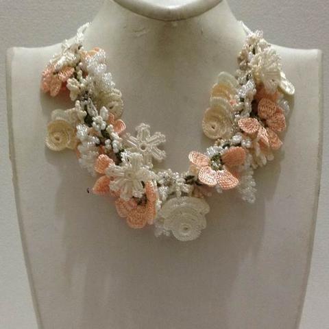 Peach and White Bouquet Necklace with White Grapes - Crochet OYA Lace Necklace