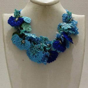 Indigo BLUE and Turquoise Bouquet Necklace with Blue Grapes - Crochet OYA Lace Necklace