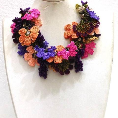 Pink,Orange,Lilac,Purple Bouquet Necklace - Crochet crochet Lace Necklace