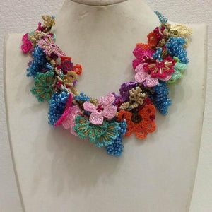 Crochet OYA Lace Necklace - Beaded Crochet Necklace - Mixed Flower Bouquet Necklace - Hand crafted Necklace - Fiber Art - Orange Purple Blue Red