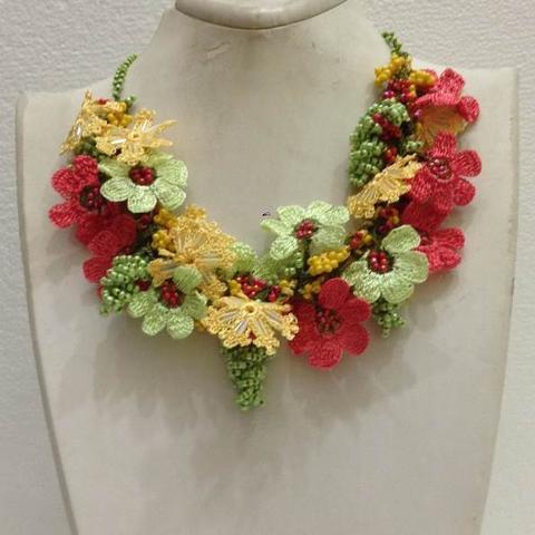 Pomagranate Pink, Green and Yellow Bouquet Necklace - Crochet crochet Lace Necklace