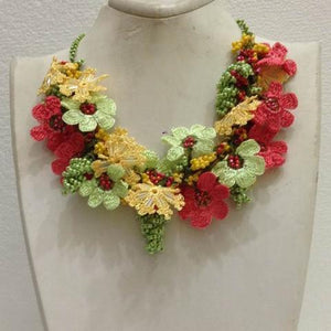 Pomagranate Pink, Green and Yellow Bouquet Necklace - Crochet OYA Lace Necklace
