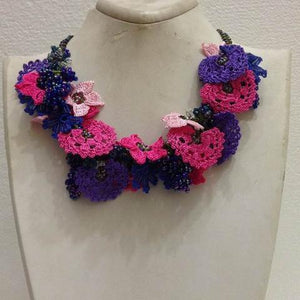 Hot Pink, Purple and Night Blue Bouquet Necklace - Crochet crochet Lace Necklace